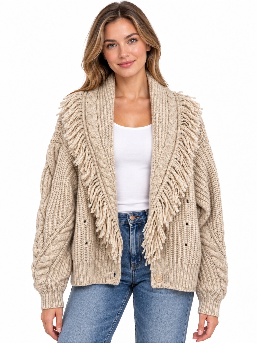 Anthropologie DH New York Ivory Fringe Cable Knit Cardigan Small Cashmere Blend
